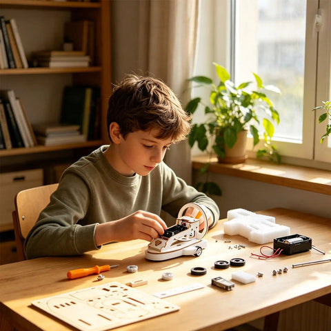 Child assembling Wooden Vehicle Model Kit For Hands On Mechanical Engineering Fans A Precision Parts Assembly Set on table