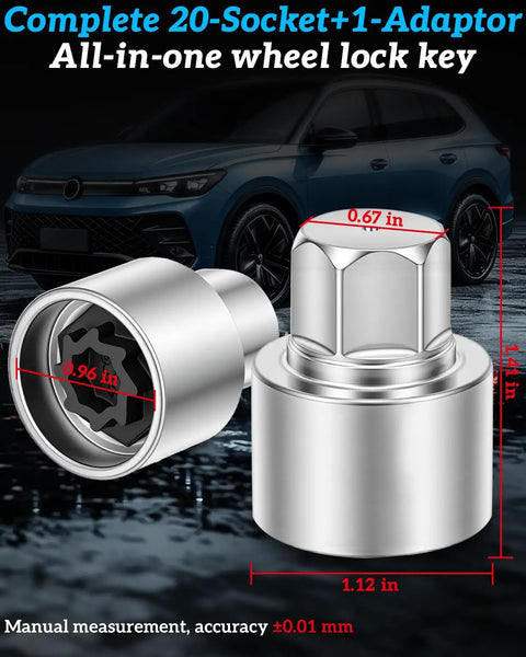 Volkswagen Wheel Lock Key And Lug Nut Key Tool For VW Cars with size measurements and a car in the background.