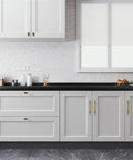 Modern kitchen with white cabinets featuring Twenty Pack Solid Brass Cabinet Pulls With Brushed Antique Brass Finish Six And Five Sixteenth Inch Hole Center Classic Furniture Kitchen Bath Fixture Handles Heavy Duty Corrosion Resistant Smooth Gold Tone