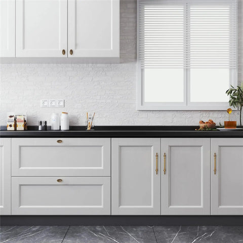 Modern kitchen with white cabinets featuring Twenty Pack Solid Brass Cabinet Pulls With Brushed Antique Brass Finish Six And Five Sixteenth Inch Hole Center Classic Furniture Kitchen Bath Fixture Handles Heavy Duty Corrosion Resistant Smooth Gold Tone