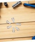 White Nylon Sliding Door Guide Wheels With Brake For Furniture Cabinet Tracks Heavy Duty Drawer Roller Casters on wooden surface.
