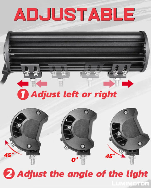 Adjustable 2 Pack Universal Light Bar Mount Brackets for LED Pods visual guide with positioning angles and setup instructions.