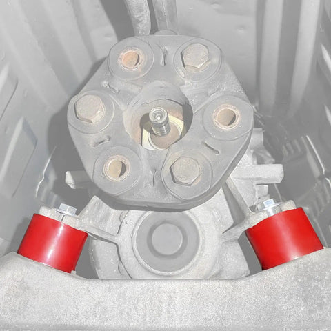Transmission Mount Bushings For BMWs 80A Polyurethane CNC Billet Aluminum Flanged Ends Ultra Durable shown in vehicle setup