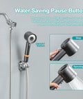 High Pressure Handheld Shower Head With Pause Switch 4 Spray Modes Rain Massage Mist Power Wash Filtration Showerhead With 79 Inch Hose Adhesive Wall Mount Bracket And Replacement Filter Gray highlighting pause button function on and off.