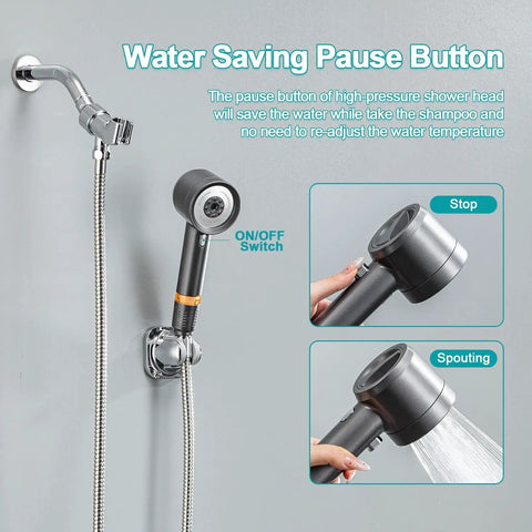 High Pressure Handheld Shower Head With Pause Switch 4 Spray Modes Rain Massage Mist Power Wash Filtration Showerhead With 79 Inch Hose Adhesive Wall Mount Bracket And Replacement Filter Gray highlighting pause button function on and off.