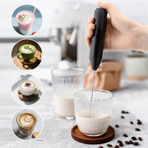 Handheld Milk Frother With Cover, 15 Second Silent Drink Mixer frothing milk into foam for coffee, matcha, or shakes