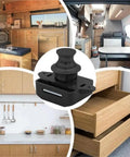 Push Button Drawer Latch 5-Set Cabinet Locks For Boats And RVs, Spring Pop Button Release installation examples in kitchen and RV.