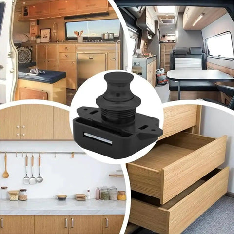 Push Button Drawer Latch 5-Set Cabinet Locks For Boats And RVs, Spring Pop Button Release installation examples in kitchen and RV.