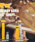 4-piece Heavy Duty Titanium Coated Rotary Burr Set Beefy Carbide Bits For Wood Carving 1/8 Inch Shaft with wear resistance stats.