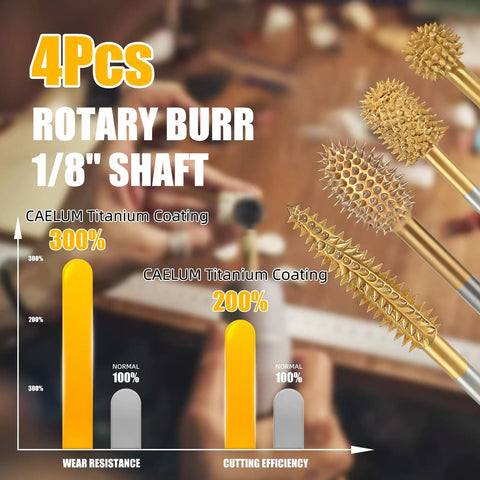 4-piece Heavy Duty Titanium Coated Rotary Burr Set Beefy Carbide Bits For Wood Carving 1/8 Inch Shaft with wear resistance stats.