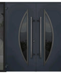 Slick Prehung Steel Double Front Doors Featuring Tinted Black Glass Sidelite Modern Right Inswing Entry System front view.
