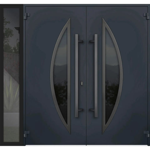 Slick Prehung Steel Double Front Doors Featuring Tinted Black Glass Sidelite Modern Right Inswing Entry System front view.