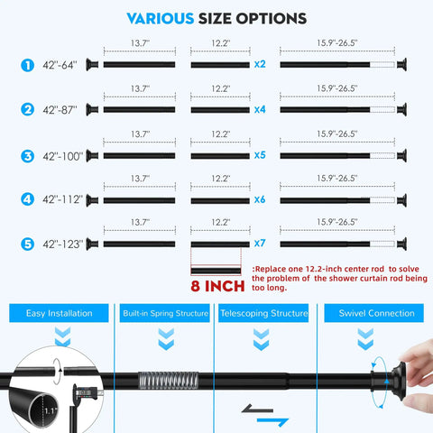Image showing various size options for heavy duty tension curtain rod with built-in spring and telescoping structure.