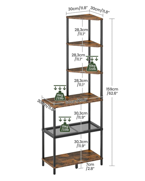 Heavy Duty Six Tier Industrial Corner Shelf With Swap Out Wood And Steel Mesh Boards Plus Work Surface Kicks Up Storage In Tight Quarters Perfect For Clean Setups In Apartments Or Home Offices Rustic Tone with dimensions and weight limits shown.