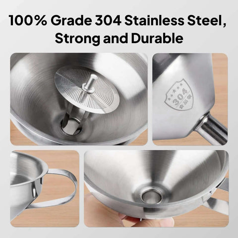 Close-up of Stainless Steel Resin Funnel With Filter And Brush For 3D Printers Spill Free Filtration, made of 304 stainless steel.