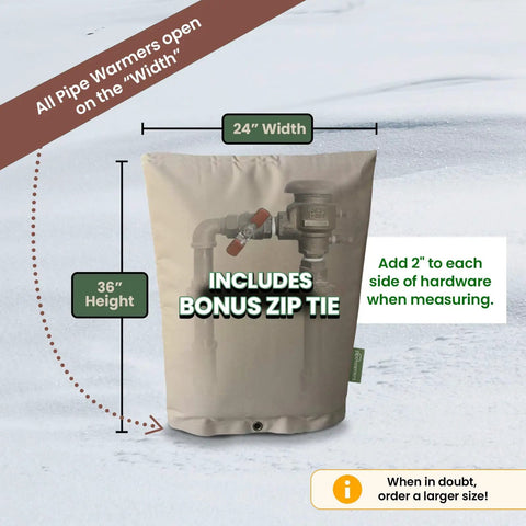 Super Tough Extra Thick Insulated Winter Pipe Cover Protects Backflow Preventers Pumps Sprinklers Valves From Freezing With Uv Coated Eva Nbr Foam In Harsh Cold Weather Twenty Four Inch By Thirty Six Inch Size showing 24x36 inch size dimensions on snowy background