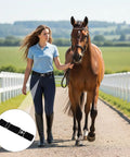Woman walking horse wearing 2 Pack Elastic Equestrian Belt For Women, 1.5 Inch Adjustable Horse Riding Belt With Buckle, white and black