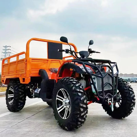 Heavy Duty Utility Trailer With Bucket For Tractor And ATV Use shown with large wheels on concrete background