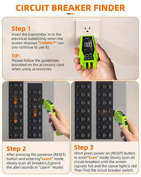 Person using Go-To All In One Circuit Breaker Finder and Outlet Tester with GFCI Detection, showing steps for use.