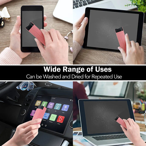 Three In One Screen Cleaner Kit With Touchscreen Mist Spray And Microfiber Cloth For Phones Glasses Tablets Laptops And Car Displays No Fuss Cleaning With Soft Flannel Wipes For Streak Free Crystal Clear Screens being used on various devices including a phone, tablet, car display, and laptop.