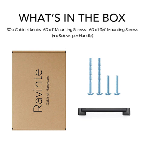 Solid 5 Inch Square Arch Cabinet Pulls Matte Black 30 Pack shown with screws and box included in packaging