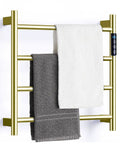 4 Bar Brushed Gold Heated Towel Warmer Rack With Built-In Timer Stainless Steel Wall Mounted Towel Warmer holding two towels