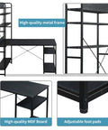 Top Tier Industrial Home Office Computer Desk With Five Tier Storage Shelves in matte black with adjustable foot pads.