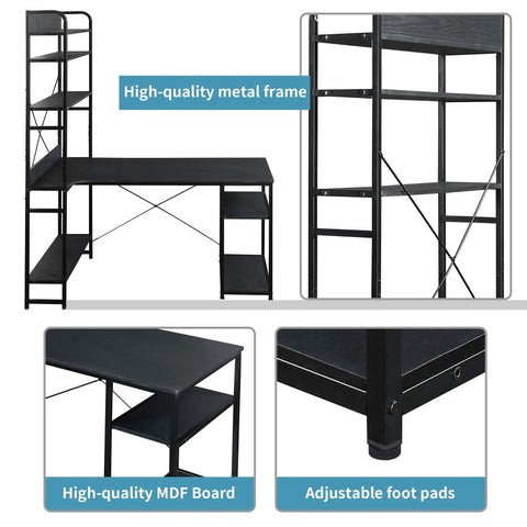 Top Tier Industrial Home Office Computer Desk With Five Tier Storage Shelves in matte black with adjustable foot pads.