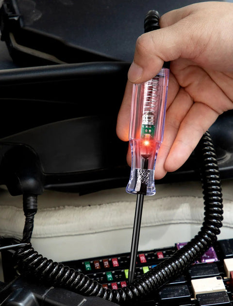 Dual Color Polarity Test Light For Automotive Circuits With Tungsten Illumination Pro Grade 6V 12V 24V Car Electrical Tester Pen Stainless Probe For Continuity And Voltage Fuse Testing In Sedans SUVs RVs And Trucks, lit in hand