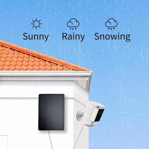 3W Outdoor Solar Panel Charger for Ring Spotlight Cam and Stick Up Cam Pro Models installed in all-weather on a house wall