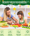 Toy 28-piece toddler knife set for kids' pretend cooking with green-handled plastic knives and cutting board