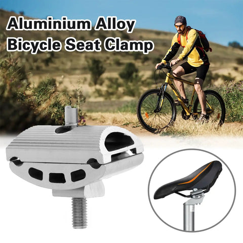 Aluminum Alloy Bike Seat Clamp Universal Post Clamp Replacement For Mountain And Road Bikes, shown with cyclist and saddle.