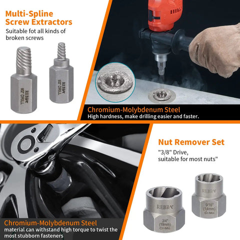 Heavy Duty Screw And Bolt Extractor Kit 31-Piece With Left-Hand Drill Bits 37# Cr-Mo And 6542 HSS Cobalt in use on damaged bolt