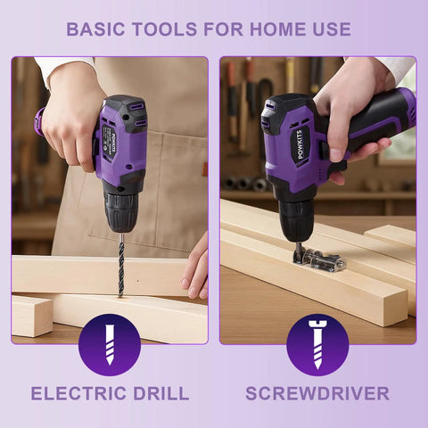 Close-up of 139 Piece Cordless Drill Set With Li Ion Battery 8V Power Drill Type C Charging Portable Basic Home Tool Kit with woodwork.