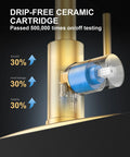 Close-up of Slick Brushed Gold Kitchen Faucet With Pull Down Sprayer And Reverse Osmosis Drinking Water Tap stainless steel cartridge.