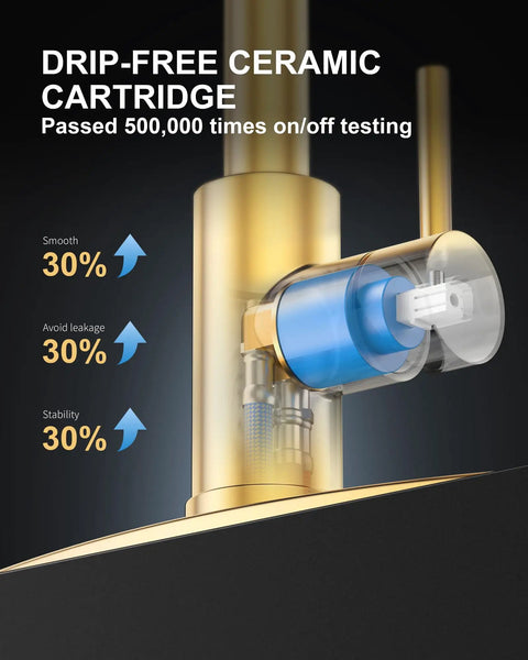 Close-up of Slick Brushed Gold Kitchen Faucet With Pull Down Sprayer And Reverse Osmosis Drinking Water Tap stainless steel cartridge.