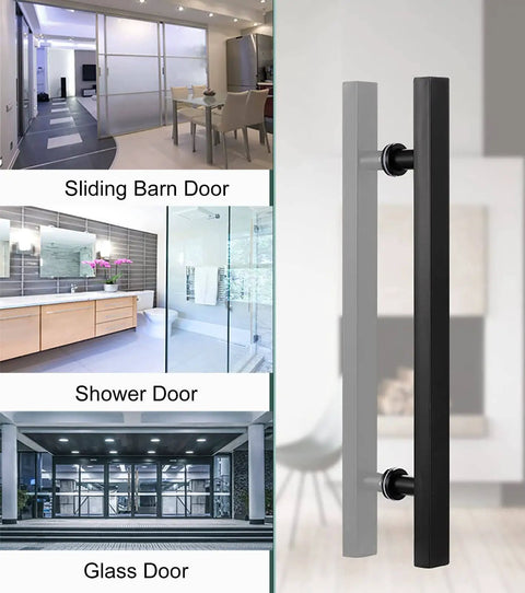 Door Pull Handle For Barn Doors And Sliding Doors In Matte Black 60 Cm 24 In Modern Square H Shape Push Pull Built To Last Easy To Install Dope Matte Finish next to images of sliding barn, shower, and glass doors.