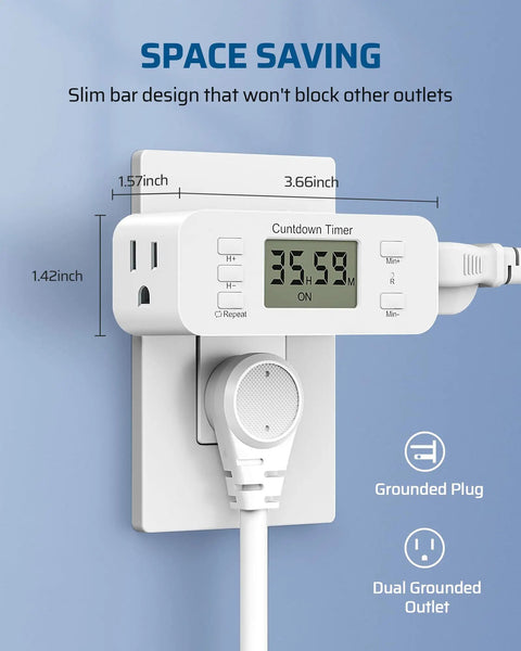 Foolproof Countdown Timer Outlet 2 Pack 36 Hour Run Time Digital Wall Socket With Simple Push Controls for fans and heaters, slim design.