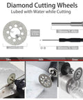 Diamond cutting wheels from Ultimate 106Piece Cutting Discs Set For Rotary Tools And Grinders with measurements and tool uses.