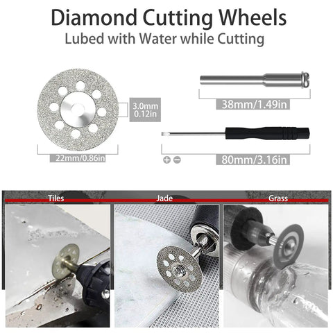 Diamond cutting wheels from Ultimate 106Piece Cutting Discs Set For Rotary Tools And Grinders with measurements and tool uses.