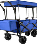 Heavy Duty Collapsible Wagon With Removable Canopy 220 lb capacity foldable beach wagon with big rugged wheels, blue color