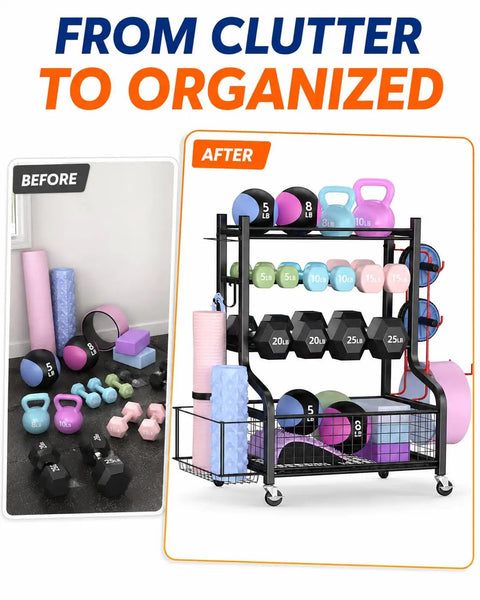 Heavy Duty Steel Dumbbell Rack With Smooth Rolling Caster Wheels Built Tough For Easy Peasy Home Gym Organization Keeps Kettlebells Yoga Mats Resistance Bands And All Your Favorite Fitness Gear Safe And Sound