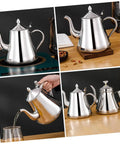 Premium Stainless Steel Long Spout Pour Over Kettle With Cool Touch Grip And Tight Sealed Lid on a countertop with glasses.