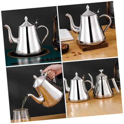 Premium Stainless Steel Long Spout Pour Over Kettle With Cool Touch Grip And Tight Sealed Lid on a countertop with glasses.