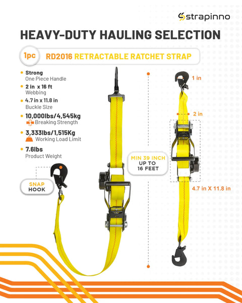 Retractable Ratchet Tie Down Strap 2 Inch By 16 Foot Heavy Duty With Snap Hooks 10000 Lbs Breaking Strength spec sheet