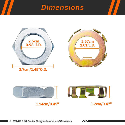 Heavy Duty D-Style Trailer Spindle Nuts and Retainers 1 Inch Thread Fits 2,000-8,000 Lbs Axles size dimensions