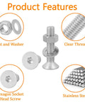1270 Piece Stainless Steel Screw Kit M2 To M5 For 3D Printing Includes Allen Head And Flat Head Countersunk Bolts Metric Bolts Nuts Washers And Wrenches In Silver with product features labeled, showing included nut, washer, socket screws, and clear threads.