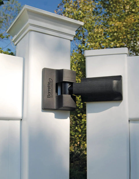 Heavy Duty Gate Hinges Kit For Wood Or Vinyl Gates, Built Tough Self Closing 180 Degree Swing, 2 Pack, Supports Gates Up To 96 Inches Wide And 150 Lbs, Includes 4 Decorative Hinge Covers And 24 Screws, black hinge on white vinyl gate