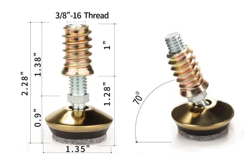 Swivel Furniture Levelers Set, Heavy Duty Go To Adjustable Table Leg Levelers for Tables Chairs and Cabinets, Three Eighths By Sixteen Thread, Brass Base With Four Felt Pads, Solid Steel Core, 4 Pack