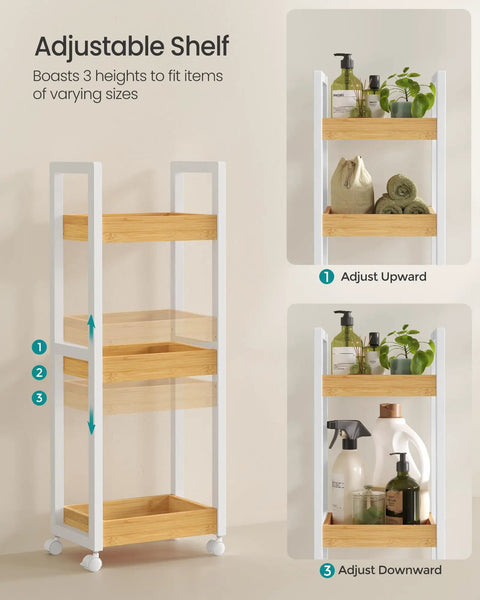 Ultra Slim Bamboo Rolling Cart With Three Adjustable Shelves Super Handy For Tiny Bathrooms And Narrow Passages Cool Spot For Showing Potted Greenery Or Stashing Shower Supplies Smooth Gliding Base With Locked Wheels Manages Serious Weight Without A Sweat